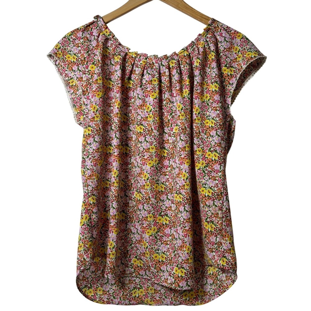 Lauren Conrad Floral Blouse Womens Medium‎ Pink Yellow Tie Back Cap Sleeve - Picture 2 of 6